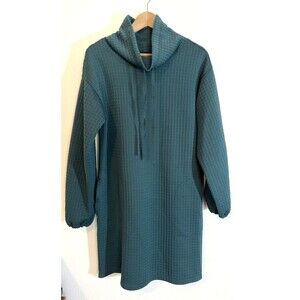 MAX Studios waffle knit Green dress Size M Cowl Neck Drawstring Pockets …